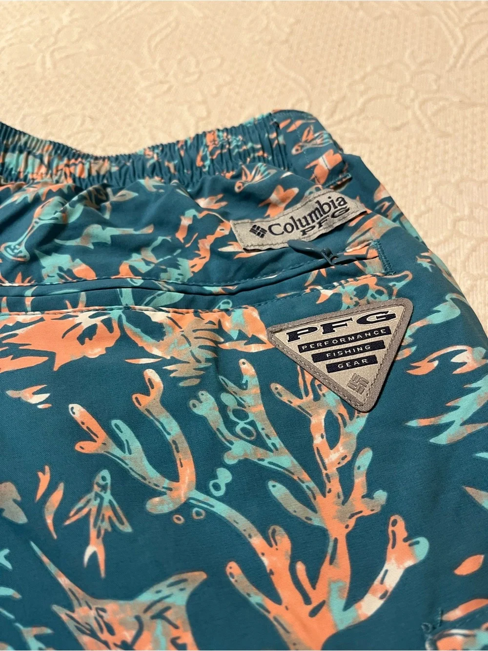 Columbia Teal Swim Shorts with Coral Leaf Print